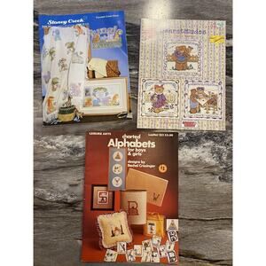 Lot of 3 Counted Cross Stitch Pattern Leaflets Kids Teddy Bears Jungle Vintage